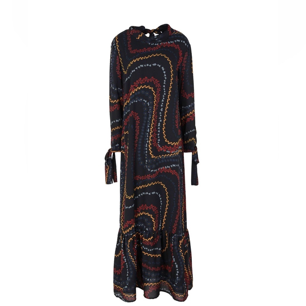 Ottod’Ame Floral Print Long/ Maxi Dress | Long Sleeve Tie Neck Ruffle Hem Boho